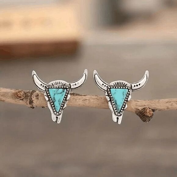 Western Cowboy Turquoise Longhorn Bull Steer Head Dangle Earrings - Picture 2 of 7